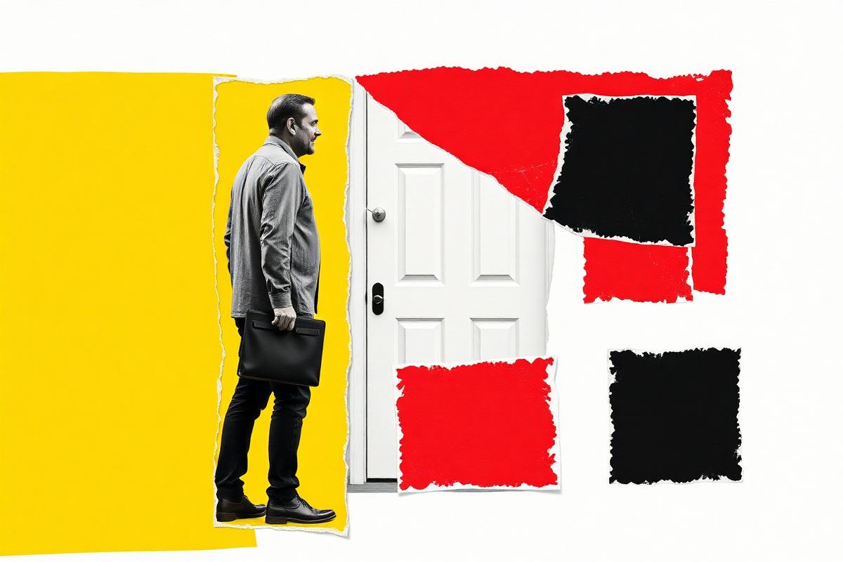 A dad pausing outside his front door after work