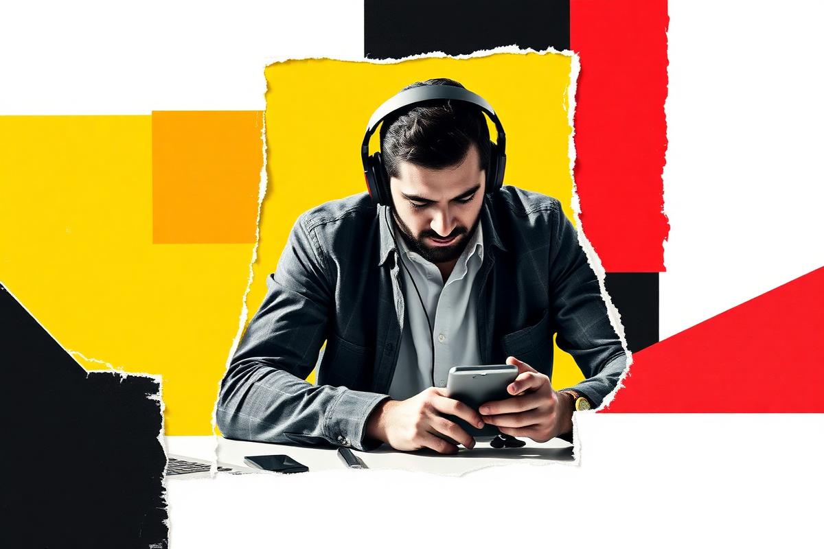 A man in a deep-focus work block with headphones on