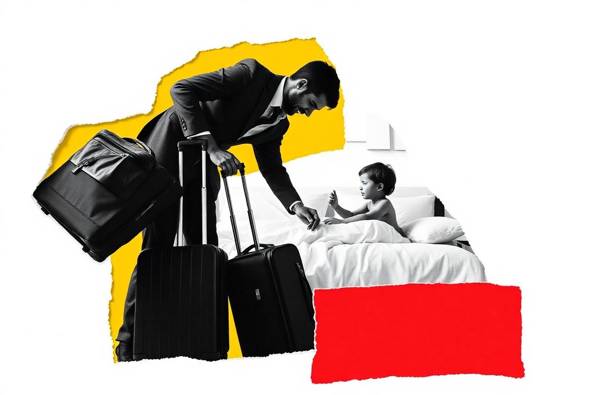 A father packing a carry-on while his kid watches from the bed