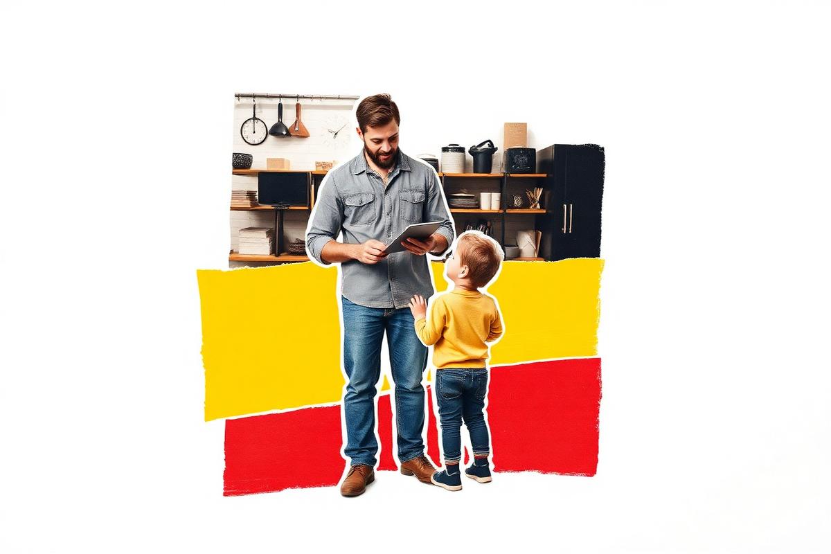 A dad showing his child what he does at work