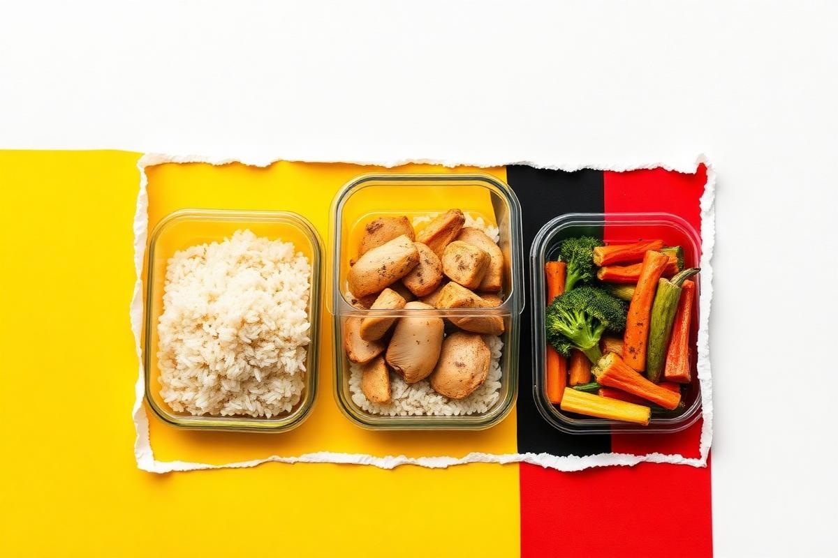 Sunday meal-prep containers of rice, chicken and vegetables