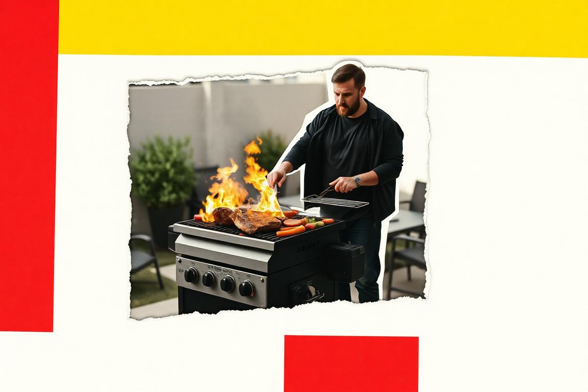 A dad grilling over high flame in the backyard