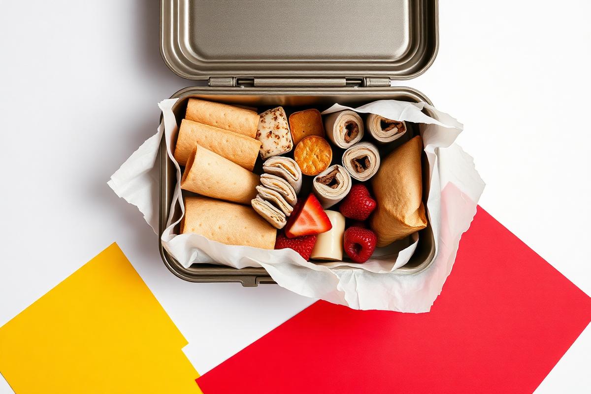 A packed kid lunchbox shot from overhead