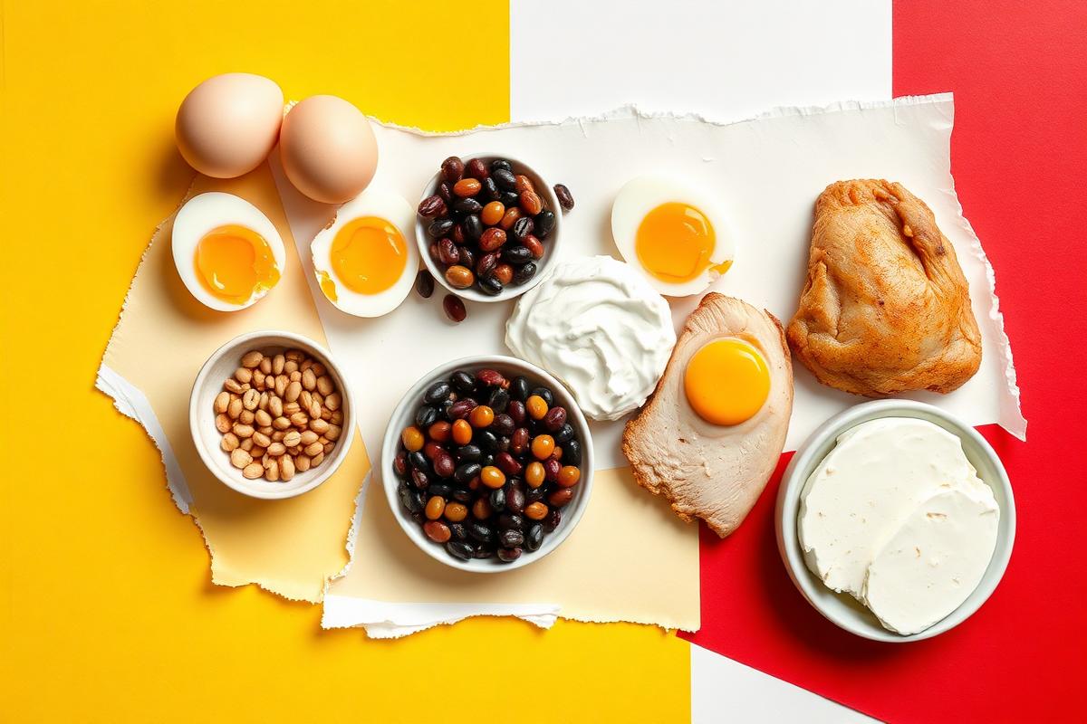 Whole-food protein sources spread across a table