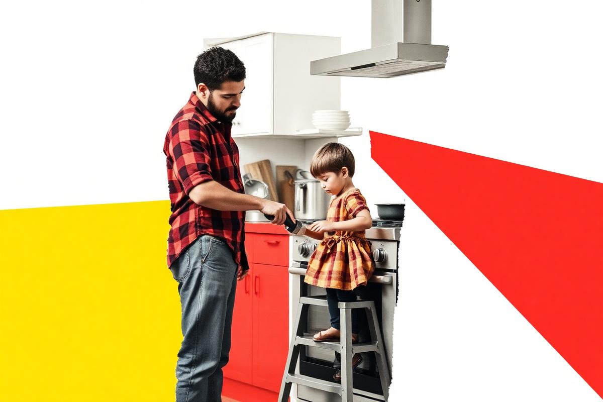 A father teaching his child to cook at the stove