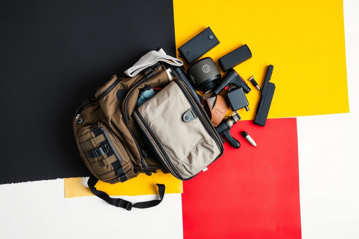 A rugged tactical dad bag laid out flat with its gear