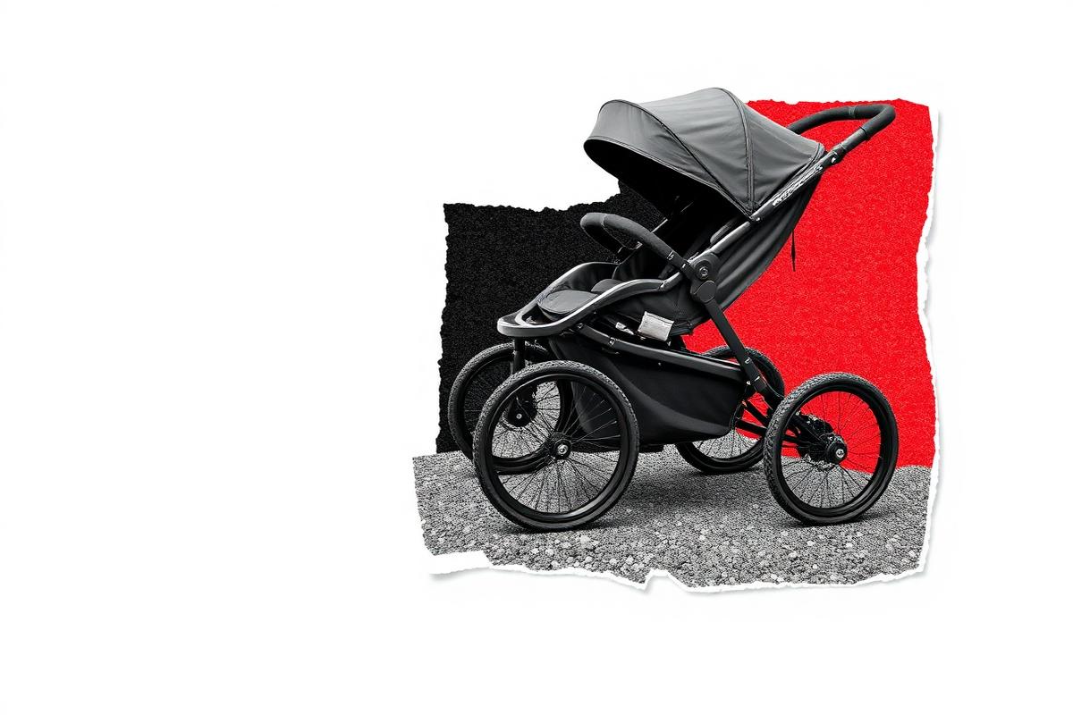 A three-wheel all-terrain stroller on gravel