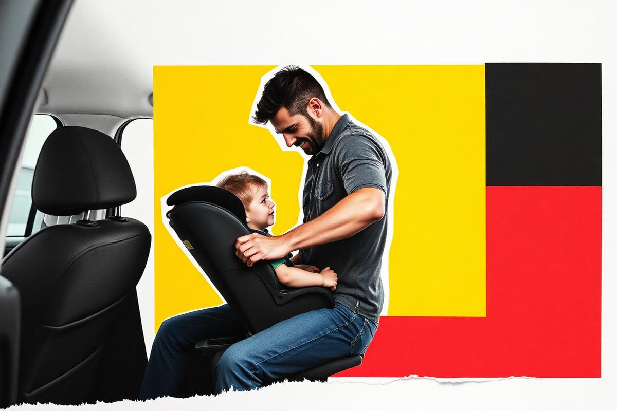 A father installing a child car seat and tightening the strap