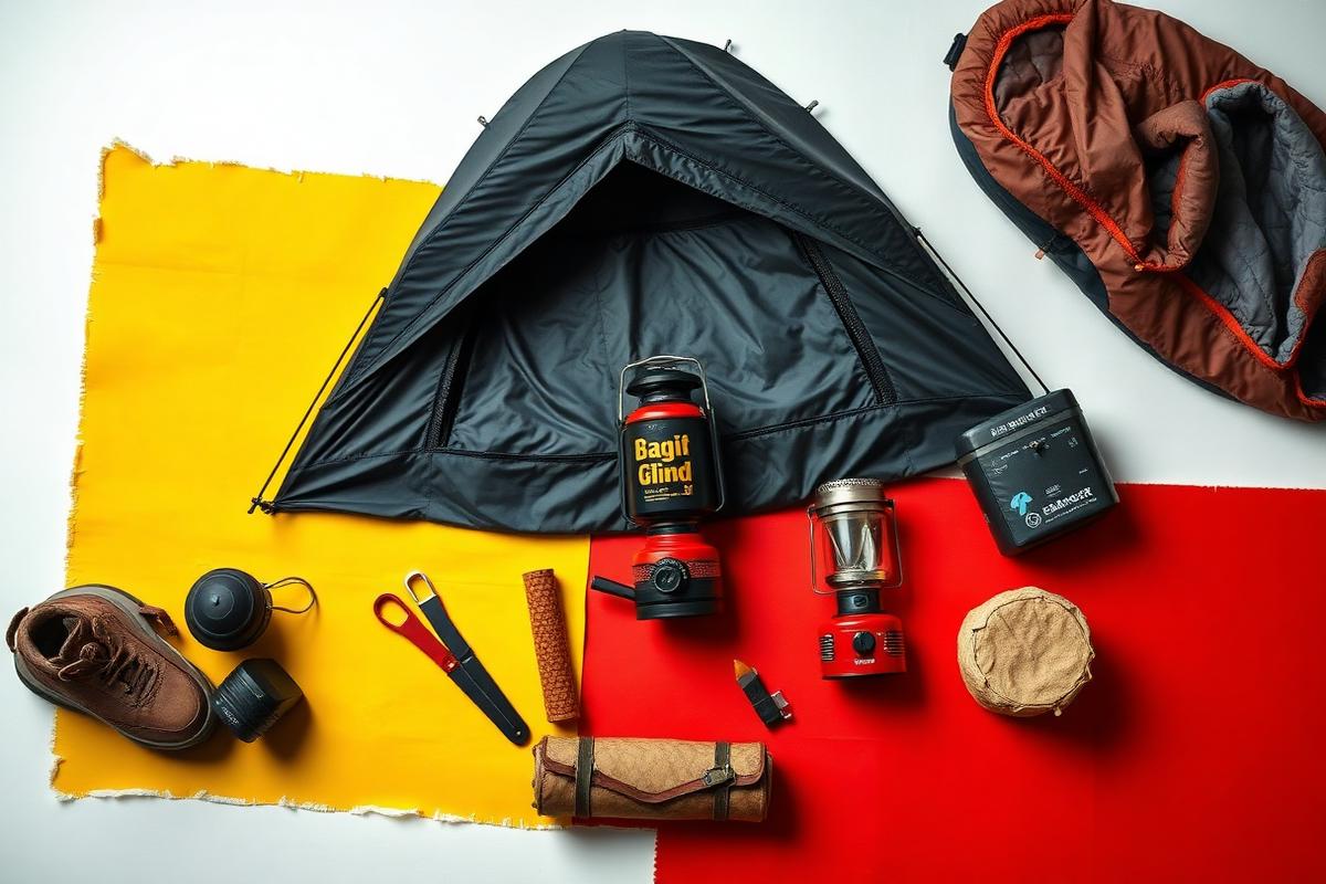 A family camping kit flat lay with tent, lantern and sleeping bags