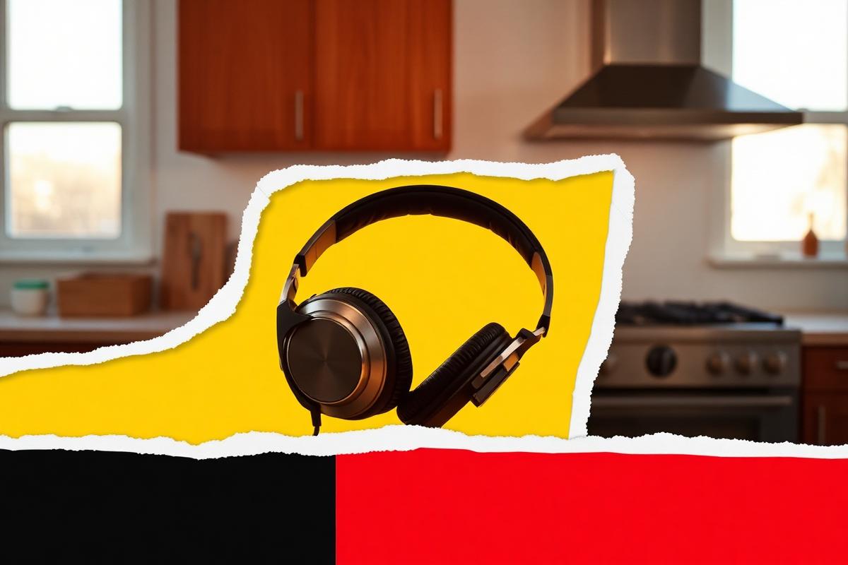 Over-ear noise cancelling headphones on a kitchen counter