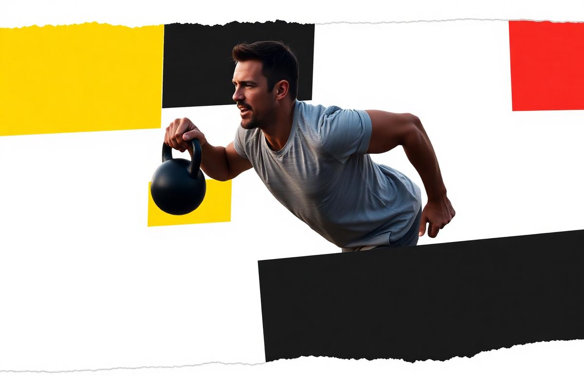 A dad running a fast kettlebell circuit in the backyard