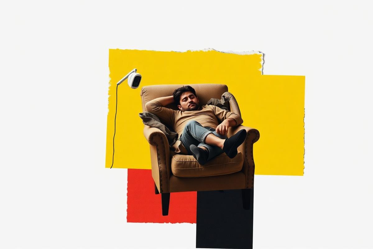 An exhausted father asleep in an armchair beside a baby monitor