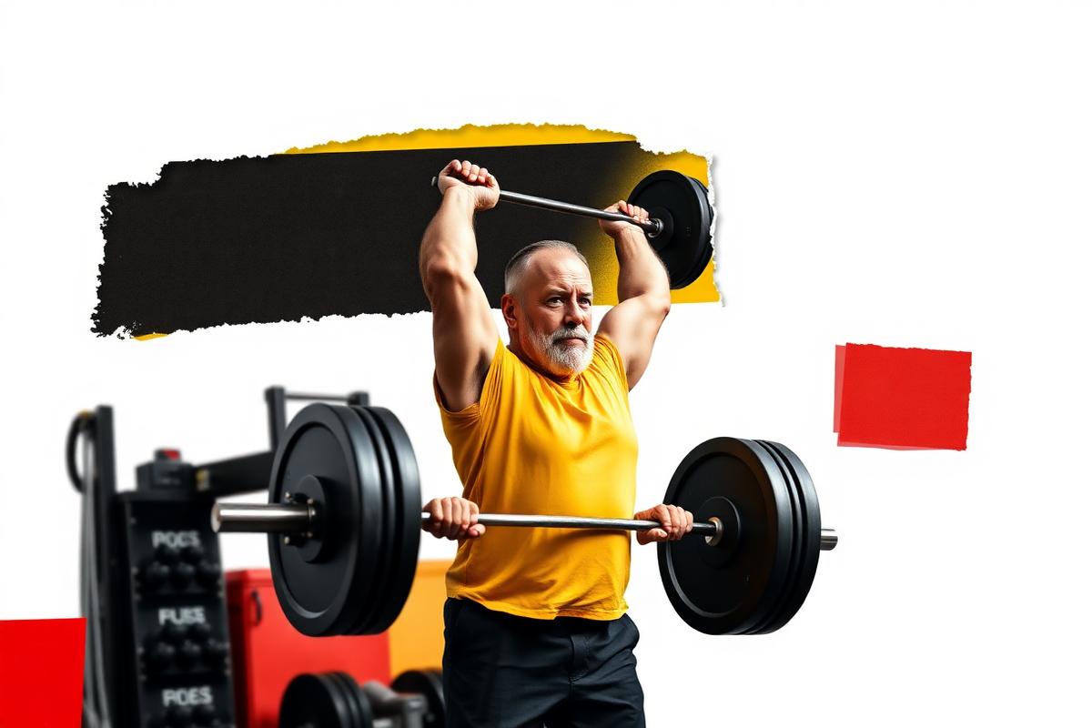 A middle-aged dad lifting a barbell in a garage gym
