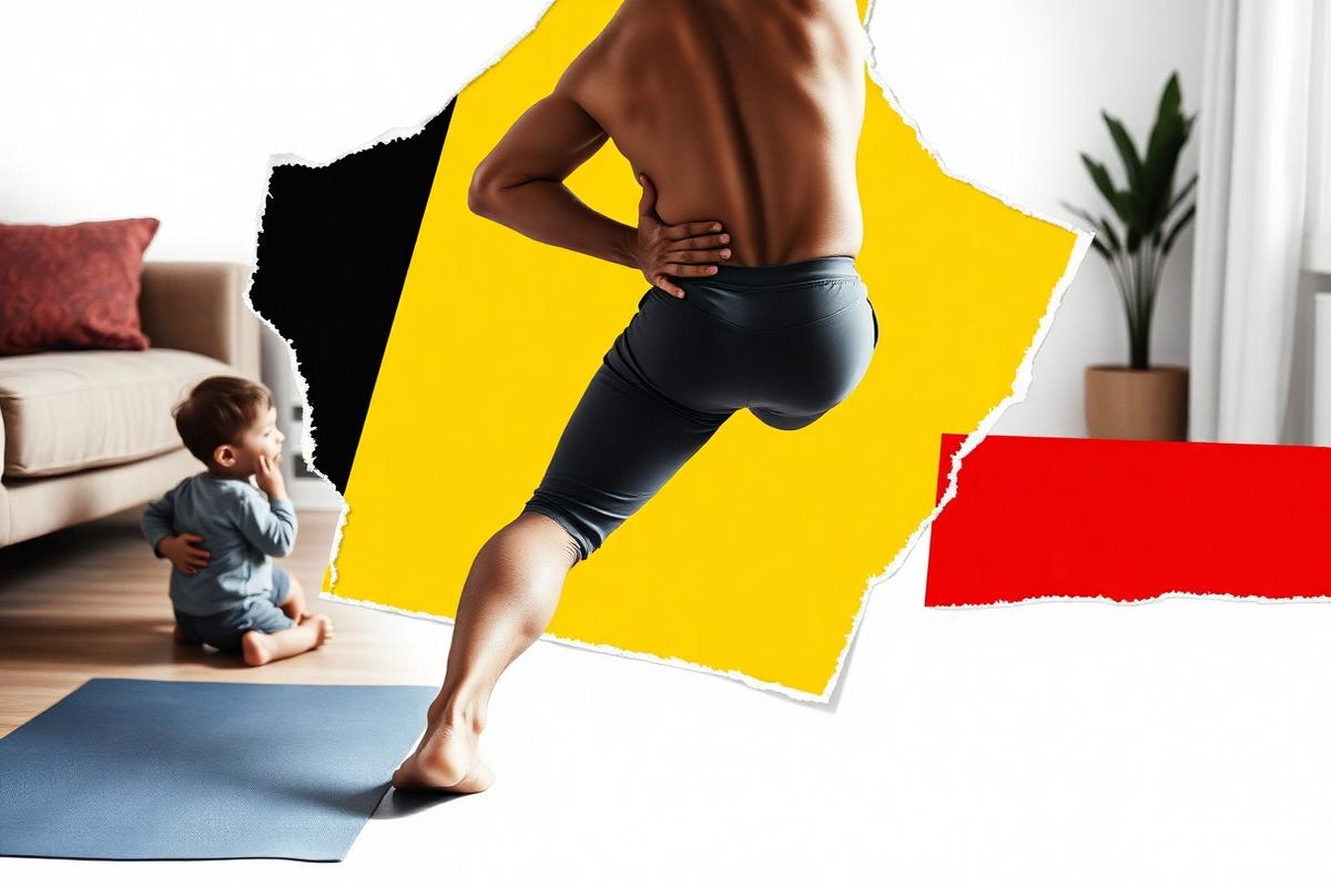 A dad stretching his hips and lower back on a mat at home