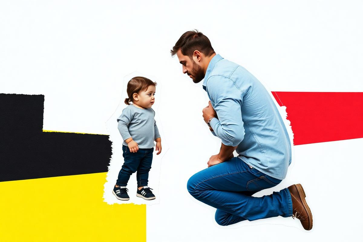 A father kneeling at eye level to apologize to his young child