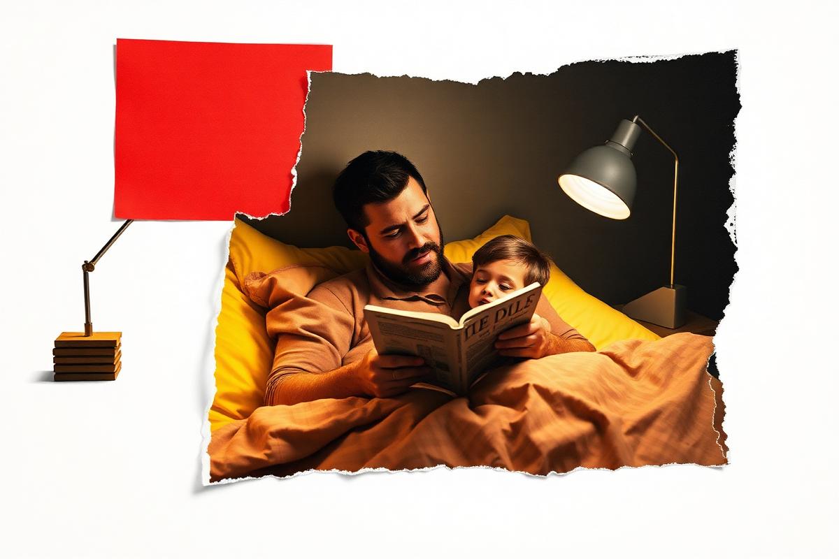 A dad reading a bedtime story under a warm lamp