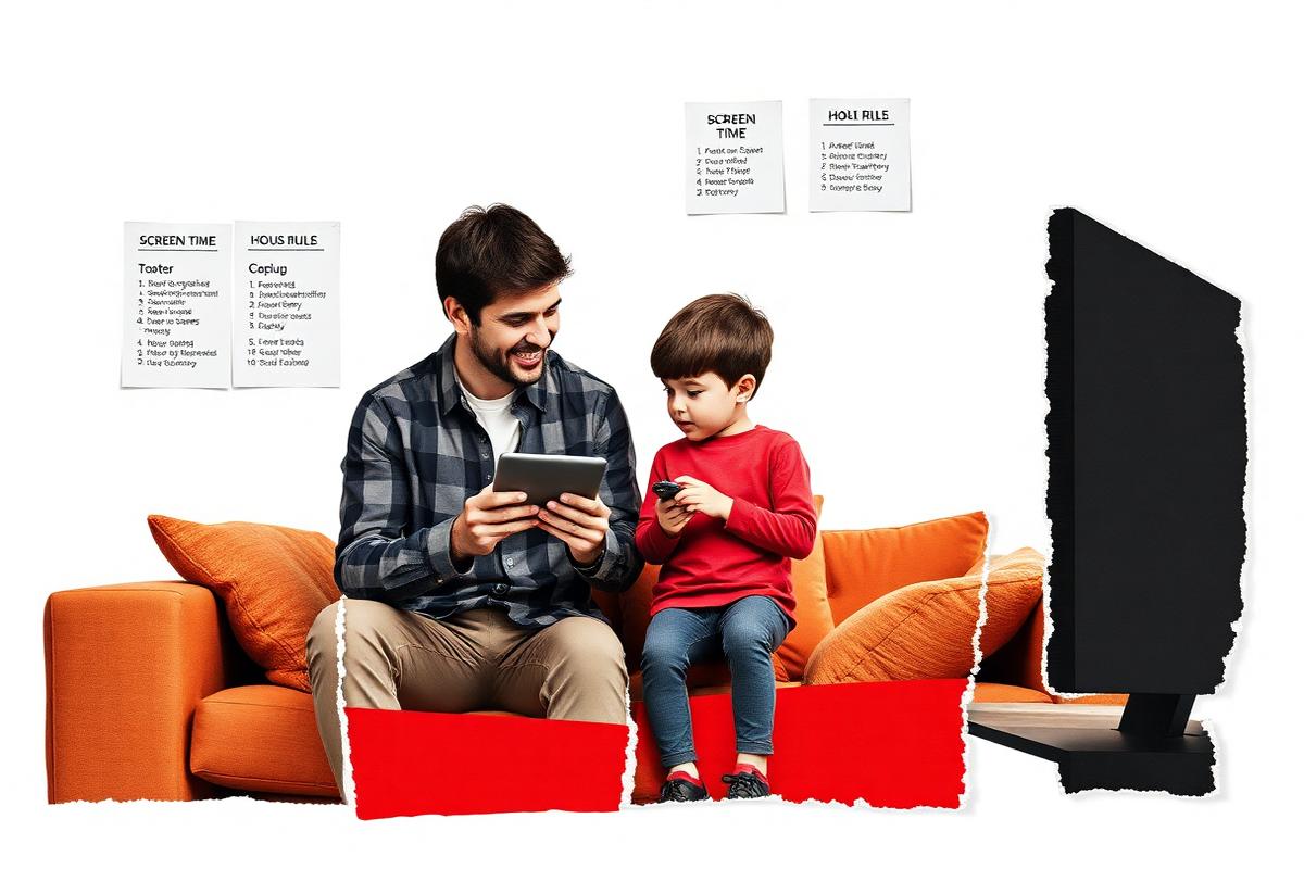 A dad and kid setting screen-time rules together on the couch