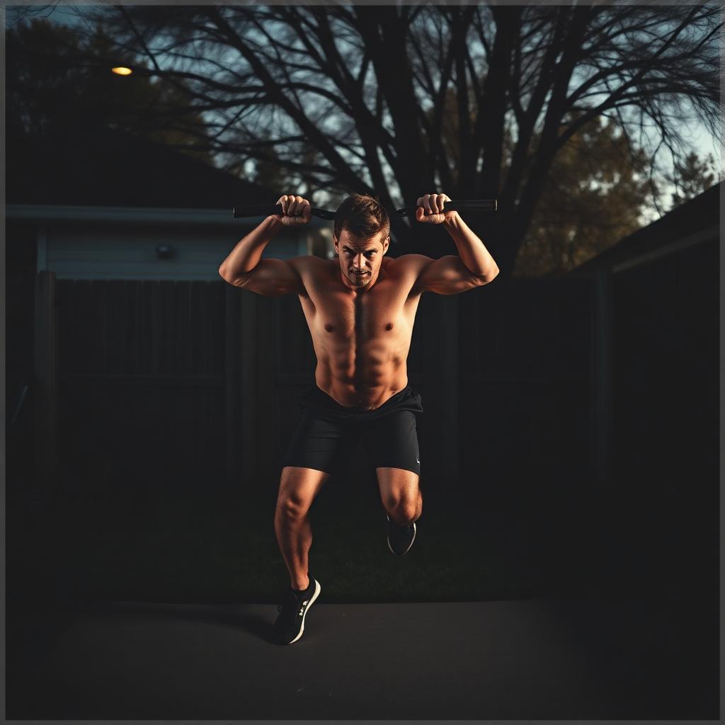 Dad doing a bodyweight workout in a backyard at dusk