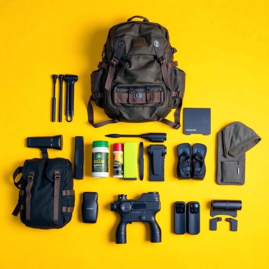 Flat lay of a rugged backpack and dad gear on a yellow background