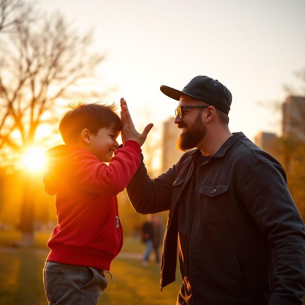 Father and young son high-fiving in a park at golden hour